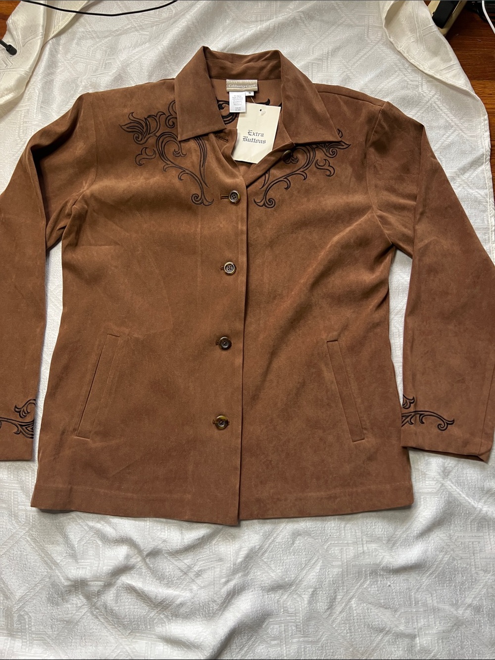 Coldwater Creek Brown Suede Embroidered Button Jacket